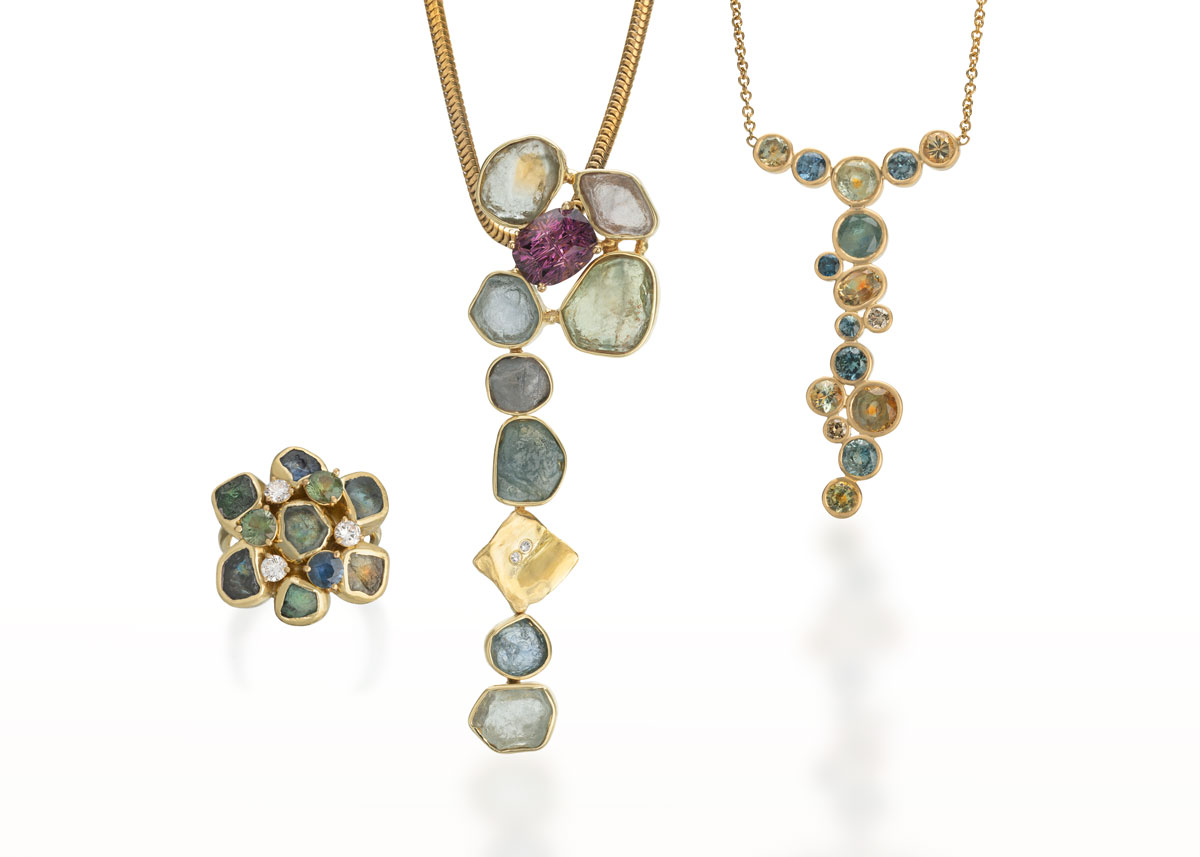 Two necklaces and a ring made from multi-colored Montana sapphires