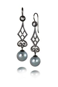 Pearl Earrings in Blackened Gold with Diamonds